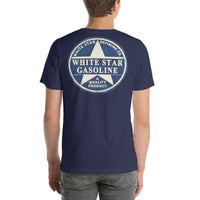 Back view of navy White Star Gasoline Vintage Gas and Oil unisex T-shirt