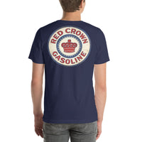 Back view of navy Red Crown Gasoline Vintage Gas and Oil unisex T-shirt