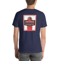 Back view of navy Thorobread Oil Vintage Gas and Oil unisex T-shirt