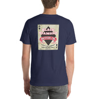 Back view of navy Black Diamond Motor Oil Vintage Gas and Oil unisex T-shirt