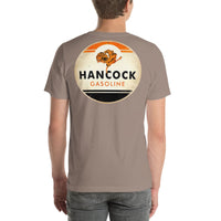 Back view of pebble Hancock Gasoline Vintage Gas and Oil unisex T-shirt