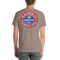 Back view of pebble Magnolia Oil and Gas Vintage Gas and Oil unisex T-shirt