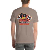 Back view of pebble Speed Shop 001 unisex T-shirt