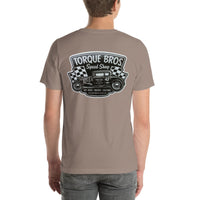 Back view of pebble Speed Shop 002 unisex T-shirt
