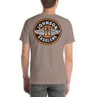 Back view of pebble Johnson Gas Vintage Gas and Oil unisex T-shirt
