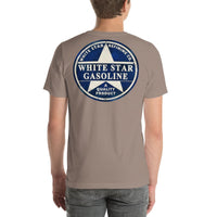 Back view of pebble White Star Gasoline Vintage Gas and Oil unisex T-shirt