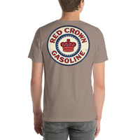 Back view of pebble Red Crown Gasoline Vintage Gas and Oil unisex T-shirt