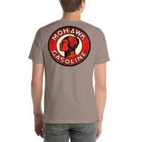 Back view of pebble Mohawk Gasoline Vintage Gas and Oil unisex T-shirt