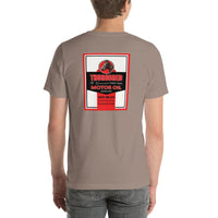 Back view of pebble Thorobread Oil Vintage Gas and Oil unisex T-shirt