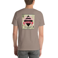 Back view of pebble Black Diamond Motor Oil Vintage Gas and Oil unisex T-shirt