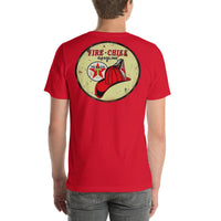 Back view of red Fire Chief Vintage Gas and Oil unisex T-shirt
