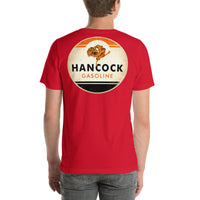 Back view of red Hancock Gasoline Vintage Gas and Oil unisex T-shirt