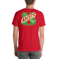Back view of red Arista Motor Oil Vintage Gas and Oil unisex T-shirt