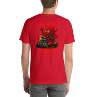 Back view of red Monster Rods 020 unisex T-shirt