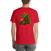 Back view of red Monster Rods 021 unisex T-shirt