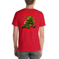 Back view of red Monster Rods 025 unisex T-shirt