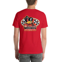 Back view of red Speed Shop 001 unisex T-shirt