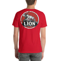 Back view of red Lion Gas Vintage Gas and Oil unisex T-shirt