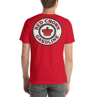 Back view of red Red Crown Gasoline Vintage Gas and Oil unisex T-shirt
