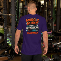 Back view of team purple BADMAN Wagon unisex T-shirt