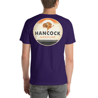 Back view of team purple Hancock Gasoline Vintage Gas and Oil unisex T-shirt