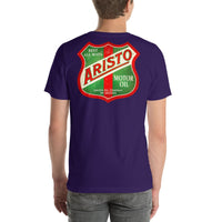 Back view of team purple Arista Motor Oil Vintage Gas and Oil unisex T-shirt