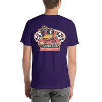 Back view of team purple Speed Shop 001 unisex T-shirt
