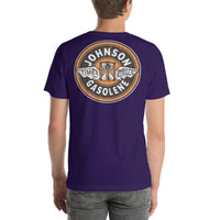 Back view of team purple Johnson Gas Vintage Gas and Oil unisex T-shirt