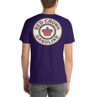 Back view of team purple Red Crown Gasoline Vintage Gas and Oil unisex T-shirt