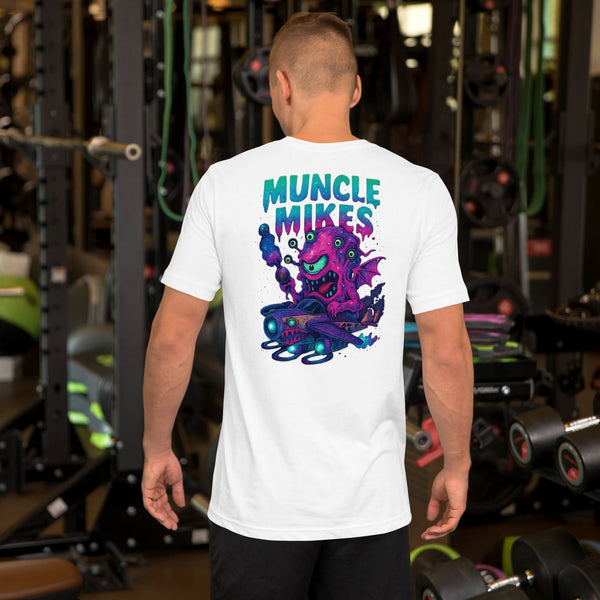 Back view of white Monster Rods 005 unisex T-shirt