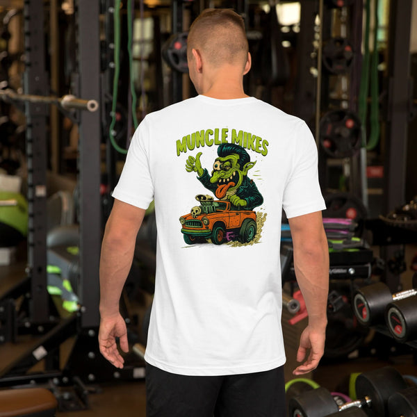 Back view of white Monster Rods 010 unisex T-shirt