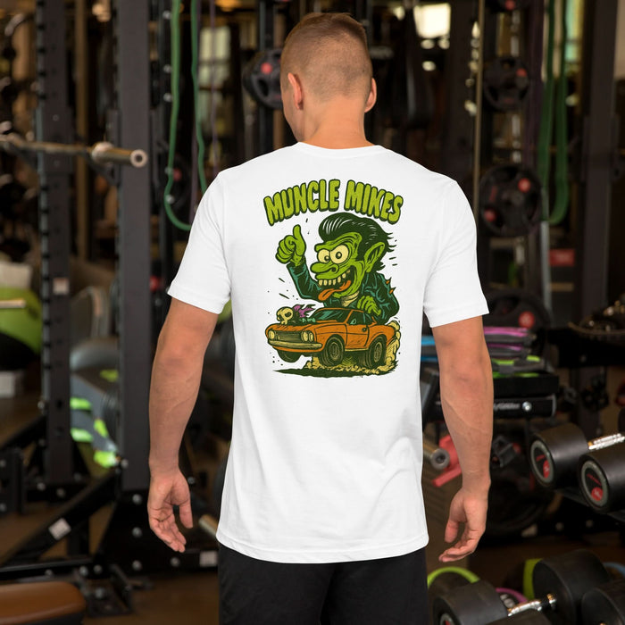 Back view of white Monster Rods 011 unisex T-shirt