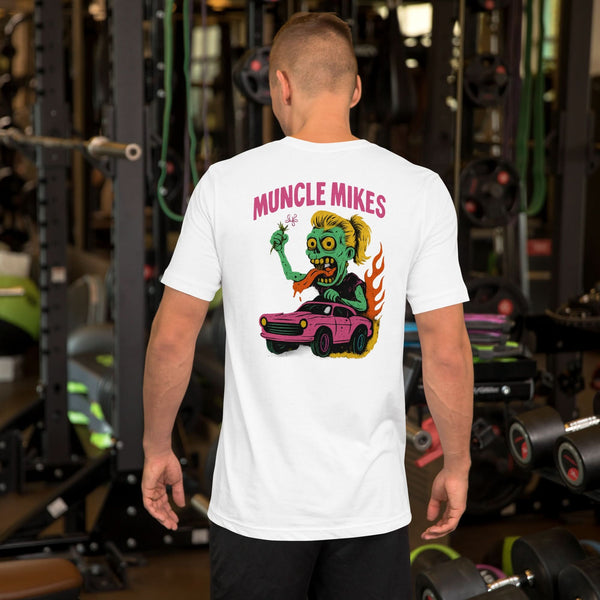 Back view of white Monster Rods 014 unisex T-shirt