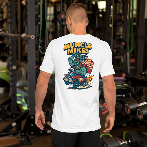 Back view of white Monster Rods 018 unisex T-shirt