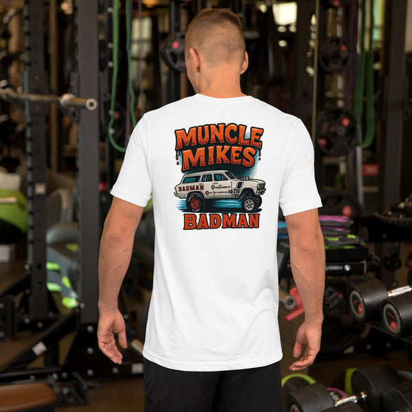 Back view of white BADMAN Wagon unisex T-shirt