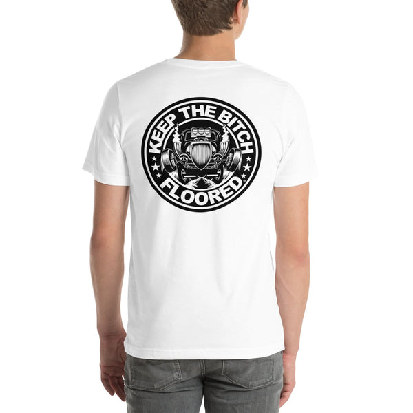 Back view of white Keep It Floored unisex T-shirt