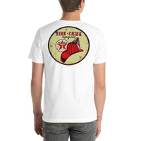 Back view of white Fire Chief Vintage Gas and Oil unisex T-shirt