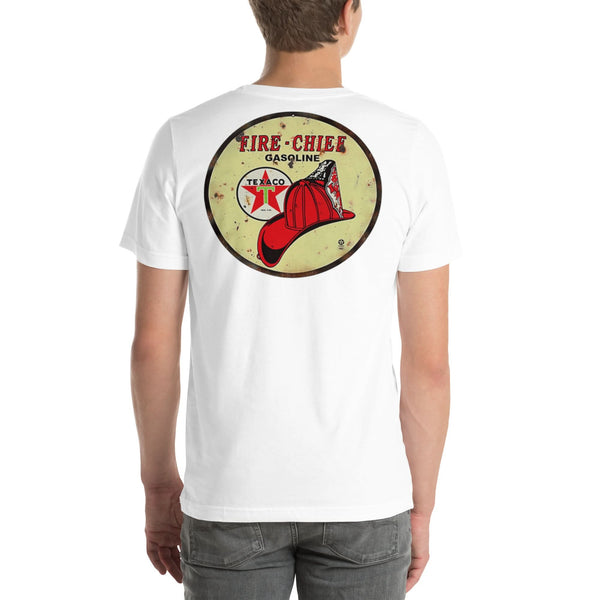 Back view of white Fire Chief Vintage Gas and Oil unisex T-shirt