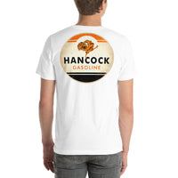 Back view of white Hancock Gasoline Vintage Gas and Oil unisex T-shirt