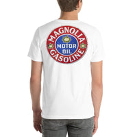 Back view of white Magnolia Oil and Gas Vintage Gas and Oil unisex T-shirt