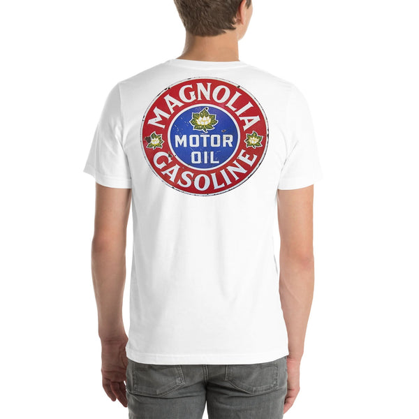 Back view of white Magnolia Oil and Gas Vintage Gas and Oil unisex T-shirt