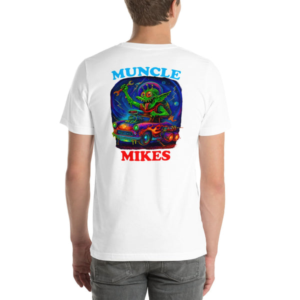 Back view of white Monster Rods 019 unisex T-shirt