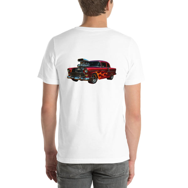 Back view of white Hot Rod 001 unisex T-shirt