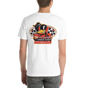 Back view of white Speed Shop 001 unisex T-shirt