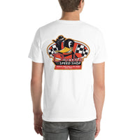 Back view of white Speed Shop 001 unisex T-shirt