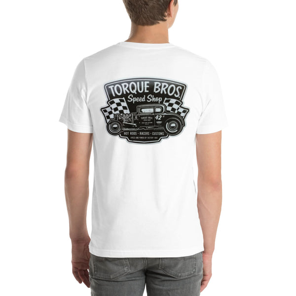 Back view of white Speed Shop 002 unisex T-shirt
