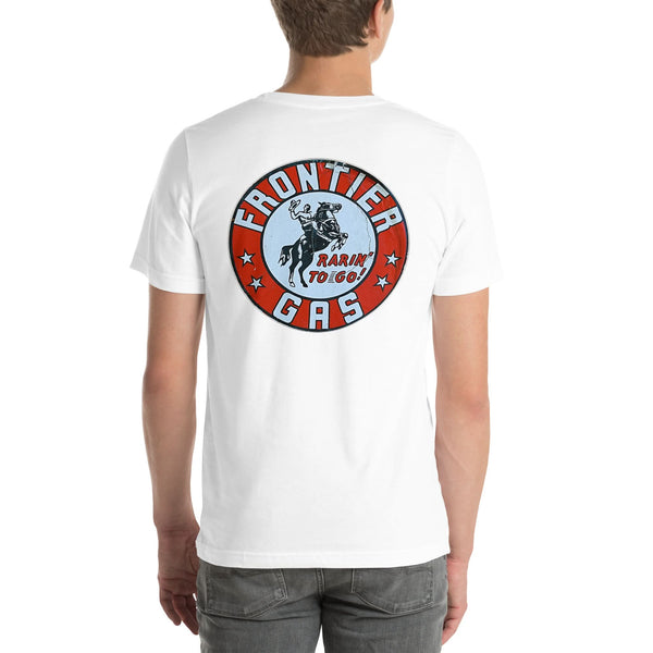 Back view of white Frontier Gas Vintage Gas and Oil unisex T-shirt