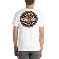 Back view of white Johnson Gas Vintage Gas and Oil unisex T-shirt