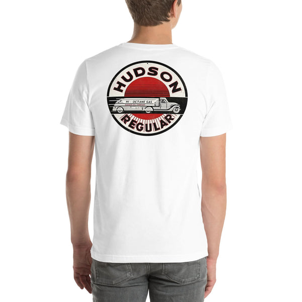 Back view of white Hudson Gas Vintage Gas and Oil unisex T-shirt
