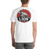 Back view of white Lion Gas Vintage Gas and Oil unisex T-shirt